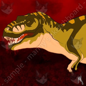 May include: A digital illustration of a green and yellow Tyrannosaurus Rex dinosaur against a red background. The dinosaur is facing the left side of the image and has its mouth open, showing its teeth. The dinosaur's head is in the foreground of the image. The background is a solid red colour.