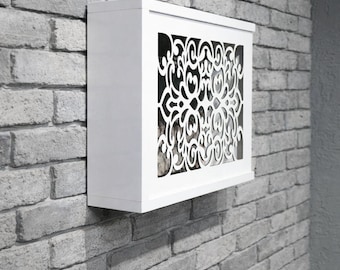 Wall Mounted Pattern Wooden Modem Cover | Slatted Door Cabinet, Customizable Hardwood Media Unit, Modern Minimal Design