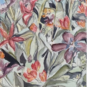 May include: Watercolor painting of a floral arrangement. The artwork features a variety of flowers in shades of red, pink, and purple, with green and gray foliage. The background is a light blue and white wash.
