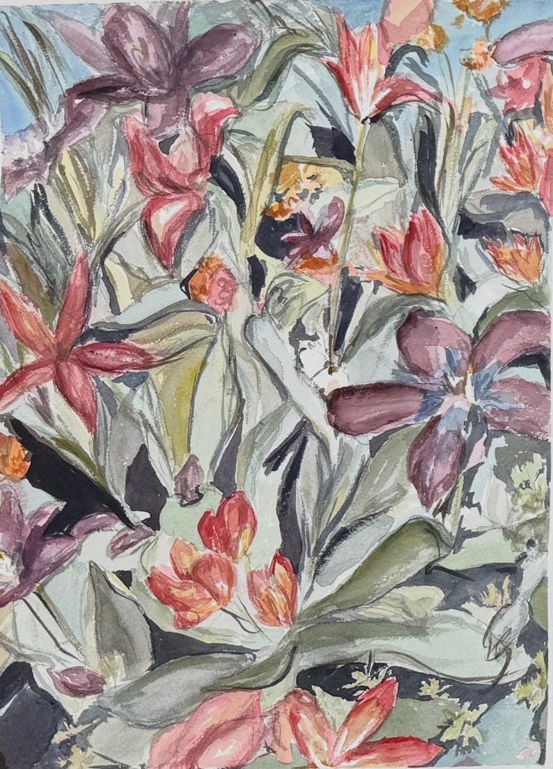 May include: Watercolor painting of a floral arrangement. The artwork features a variety of flowers in shades of red, pink, and purple, with green and gray foliage. The background is a light blue and white wash.