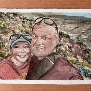 Two people are on a hike in a mountain. They are painted in watercolor
