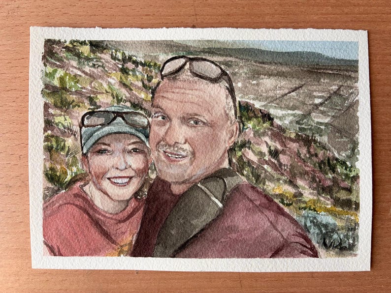 Two people are on a hike in a mountain. They are painted in watercolor