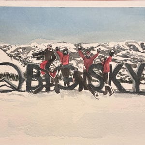 In this watercolor painting, a few people are in ski gear and are posing by snowtop mountains