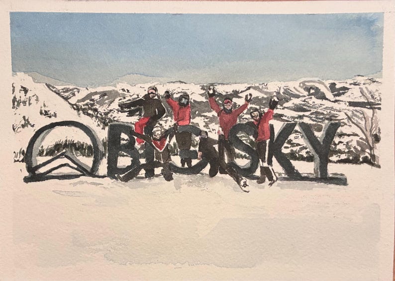 In this watercolor painting, a few people are in ski gear and are posing by snowtop mountains