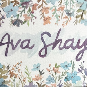 Custom Hand-Painted Watercolor Name Painting | Floral, Animal, Toys, Nature, etc. | Newborn, Religious, Birthday Gift, Nursery Decor