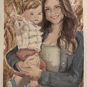 In this watercolor painting, a woman is holding her baby near a cornmaze