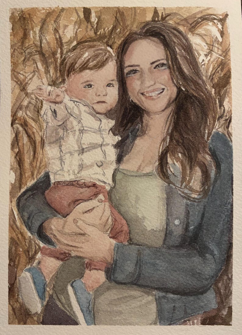 In this watercolor painting, a woman is holding her baby near a cornmaze