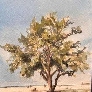 In this watercolor painting, there is a tree on a beach with the words "there she is, that beauty!" written below it in cursive