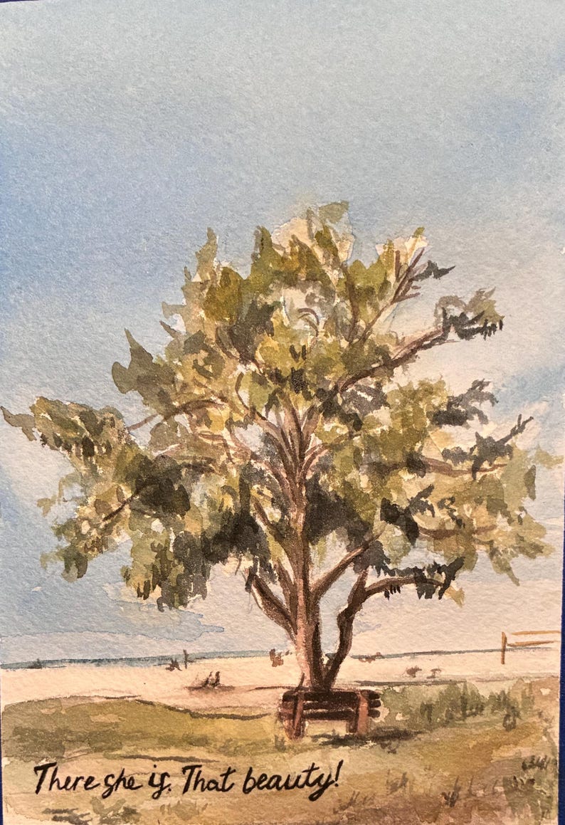 In this watercolor painting, there is a tree on a beach with the words "there she is, that beauty!" written below it in cursive