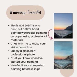 May include: A watercolor painting advertisement with the text "A message from Bri." The image includes two small watercolor landscape paintings of a sunset over the ocean. The text describes the paintings as hand-painted and not digital prints.