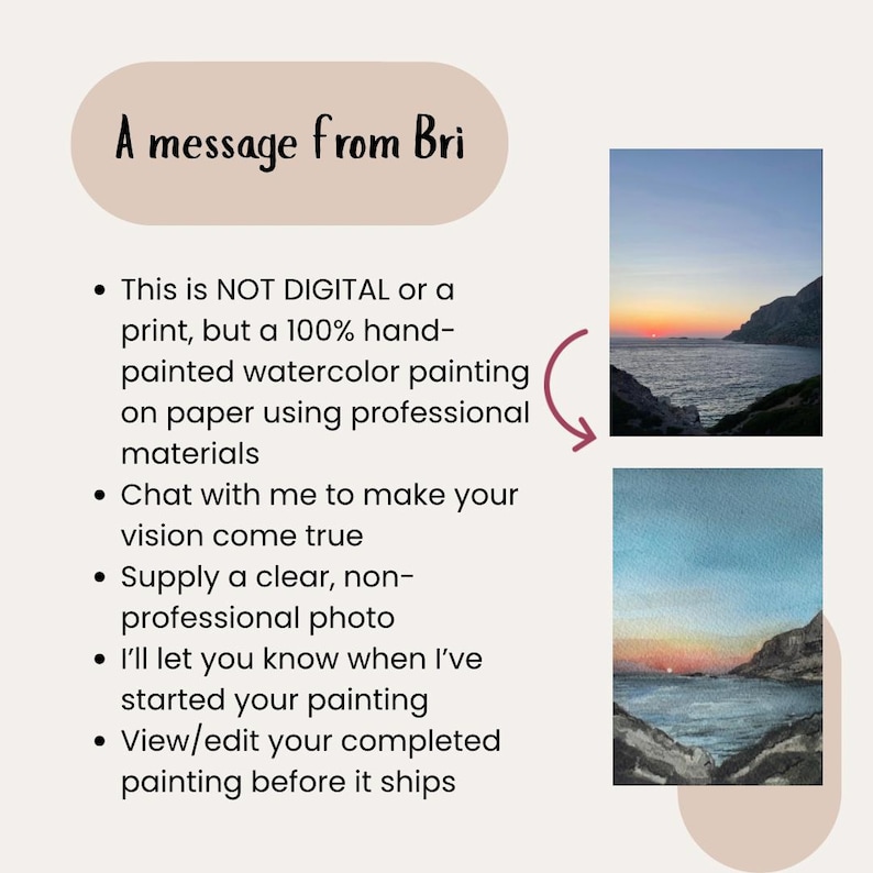 May include: A watercolor painting advertisement with the text "A message from Bri." The image includes two small watercolor landscape paintings of a sunset over the ocean. The text describes the paintings as hand-painted and not digital prints.