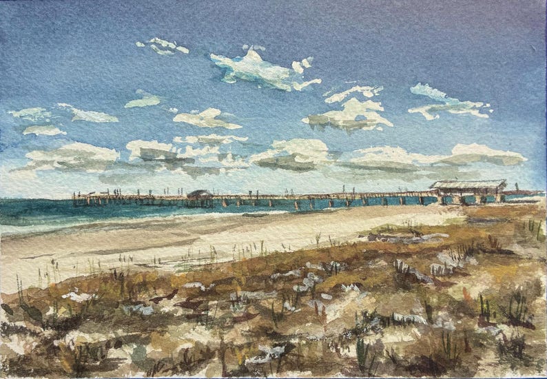 This is a watercolor painting of a beach in Gulf Shores. There is a pier, and it is a sunny day