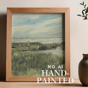 There is a watercolor painting of two children playing in a marsh with a blue sky. The words "no AI, Hand-painted" are across the image.