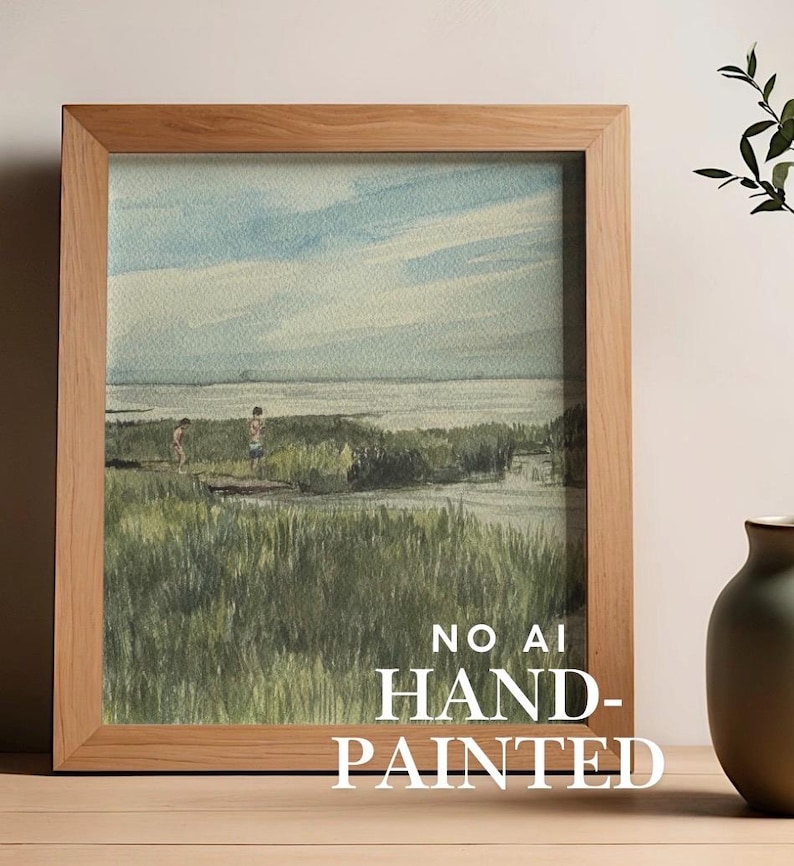 There is a watercolor painting of two children playing in a marsh with a blue sky. The words "no AI, Hand-painted" are across the image.