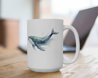Watercolor Whale Illustration Mug | 15oz Ceramic Coffee Cup