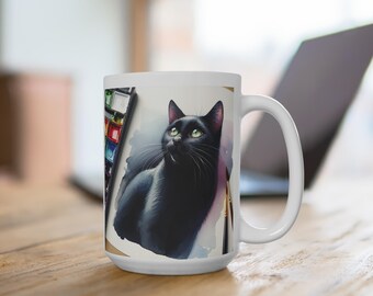 Tazza con gatto nero: tema acquerello artistico, regalo per gli amanti dei gatti