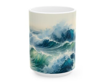 Ocean Waves Ceramic Coffee Mug: Coastal Nautical Decor