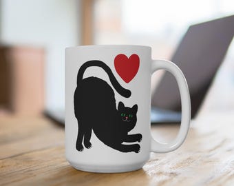 Black Cat Stretching Heart Mug | 15oz Ceramic Coffee Cup