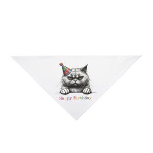 May include: White triangular pet bandana featuring a grumpy cat wearing a party hat. The cat illustration is in black and white, with the words "Happy Birthday" in rainbow colors at the bottom. A fun accessory for a cat's birthday.