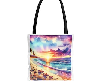 Watercolor Beach Sunset Tote Bag: Coastal Art Travel Bag