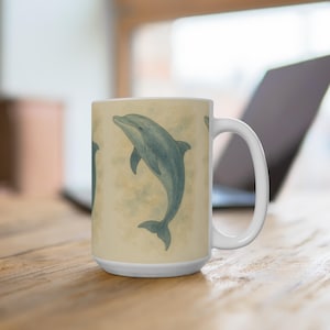 Dolphin Art Mug 15oz, Ocean Lover Gift, Nautical Décor, Sea Creature Cup, Birthday Present, Relaxing Coffee Mug