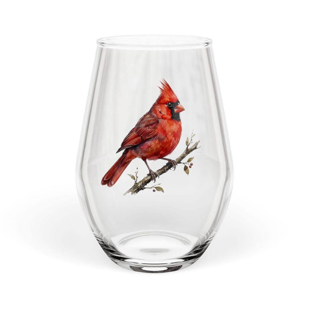 Red Cardinal Illustration Stemless Wine Glass | Bird Watercolor ...