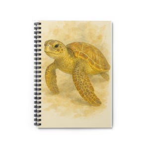 May include: A watercolor painting of a sea turtle swimming in the ocean. The turtle is yellow and brown with a green head. The background is a light blue with white clouds.
