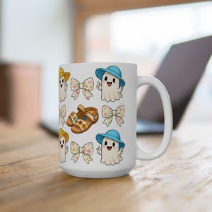 Summerween Cute Ghost Patterned Ceramic Mug for Sips, Perfect for Halloween and Summer Decor, Gift for Ghost Lovers, Funny Coffee Cup, 15oz