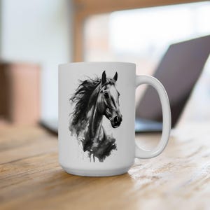 Watercolor Horse Mug: Black and White Ceramic Coffee Cup, Equestrian Gift