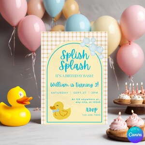 May include: A rectangular birthday invitation card featuring a yellow arch, a yellow rubber duck, and blue text reading Splish Splash It's a Birthday Bash! William is turning 2! Saturday Sept 27 2pm At 123 anywhere st., any city, st 12345 RSVP 123-456-7890.