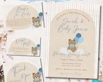Teddy Bear Baby Shower Invitation Bundle | Editable Canva Template (Instant Download)