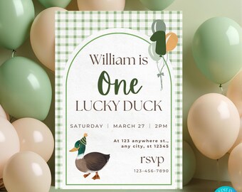 One Lucky Duck 1st Birthday Invitation, Duck Birthday Invite, 1st Duck Birthday, Duck Bday Party, Canva Template, Instant Download