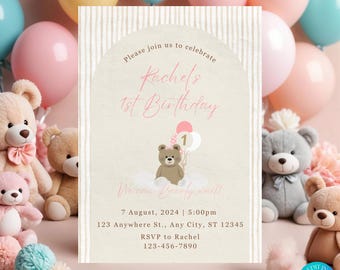 Teddy Bear First Birthday Invitation | Beary First Birthday Digital Invite | Bear 1st Birthday | Printable Canva Template