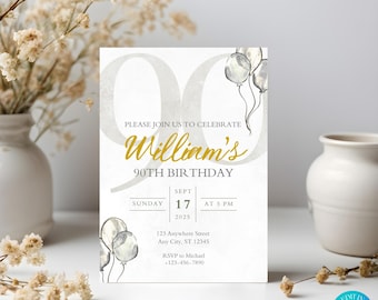 Editable 90th Birthday Invitation | Canva Template (Digital Download)