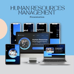May include: A digital presentation on Human Resources Management. The image features a laptop, tablet, and smartphones displaying the presentation's content. The presentation's title is displayed on the devices, along with the words "Compensation and Benefits."