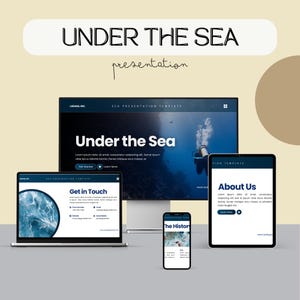 Puede incluir: Una presentación digital titulada "Under the Sea" que se muestra en una computadora de escritorio, una computadora portátil, una tableta y un teléfono inteligente. La presentación presenta un buceador en el océano. La pantalla de la computadora portátil muestra "Get in Touch". El teléfono inteligente muestra "The History".