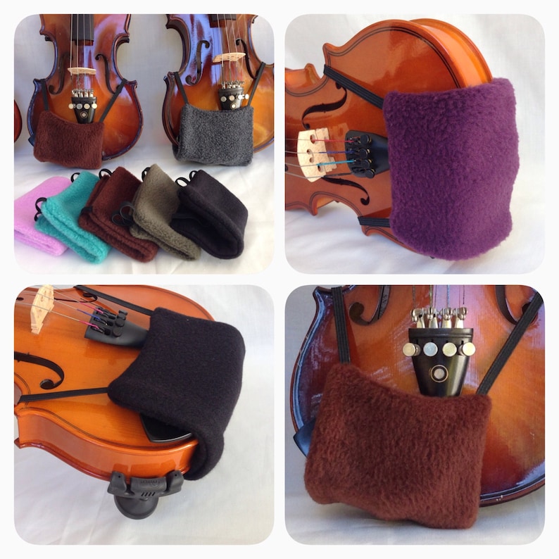 May include: A set of violin shoulder rests in various colors, including black, brown, purple, and gray. The rests are made of soft, plush fabric and are designed to provide comfort and support for the violin player.