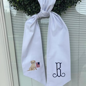 Patriotic Pup Wreath Sash with American Flags & Monogram – 4th of July, Memorial Day, Labor Day, Summer, Personalized, More fonts available!