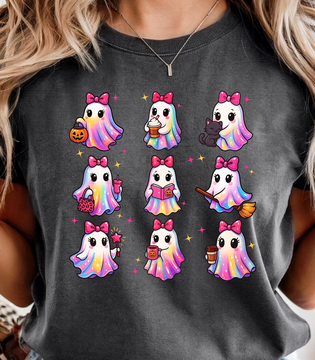 Whimsical Ghost Grid T-shirt, Cute Ghosts With Pink Bows, Unisex Tee ...