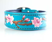 Large Cherry Blossom Dog Collar Dog Lover Handstitched, Padded Leather Dog Collar, Dog Collar Handmade Leather Collar Dogs