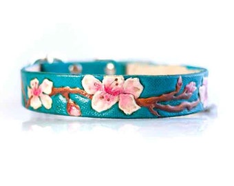 Hand Painted Leather Dog Collar Cherry Blossoms on Teal 1 Inch Wide - Hand Carved & Tooled Leather Collar - Floral Dog Collar