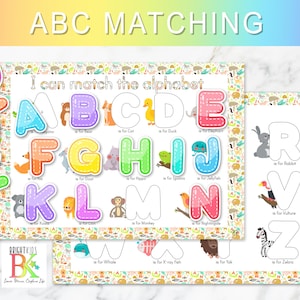 Actividad de emparejamiento del abecedario / Juego de emparejamiento de letras y animales del abecedario / Imprimibles para niños / Juego de aprendizaje preescolar / Actividad educativa / EYFS