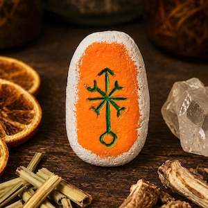 May include: An oval-shaped stone painted with a white border and a bright orange center. A green symbol resembling a stylized compass or bindrune is painted in the middle of the orange section. The stone has a textured, matte finish on its surface.