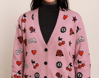 Tattoo Flash Knit Cardigan: Retro Gothic Grunge Sweater