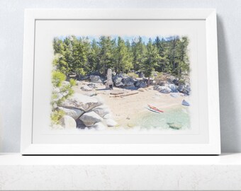 Lake Tahoe Beach Watercolor Print: Mountain Beach Landscape with Kayaks (Digital Download)