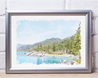Lake Tahoe Watercolor Print: Mountain Beach Landscape (Digital Download)