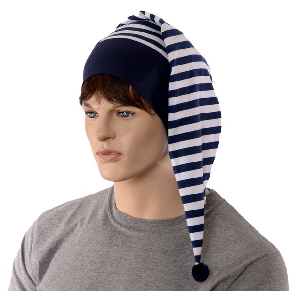 Night Cap Navy White Striped Nightcap with Pompom Cotton Adult Men Women Blue Pirate