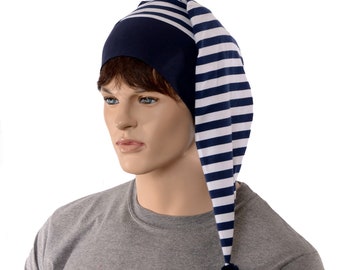 Night Cap Navy White Striped Nightcap with Pompom Cotton Adult Men Women Blue Pirate