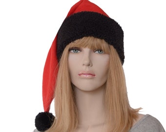 Long Stocking Cap Red Fleece Black Sherpa Headband Mens Women Fuzz Ball Pompom Adult Elf Hat