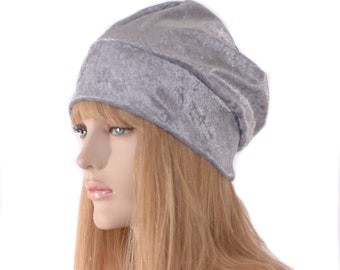 Boho Slouchy Beanie Gray Panne Velvet Women Summer Cap Head Cover Chemo Cap